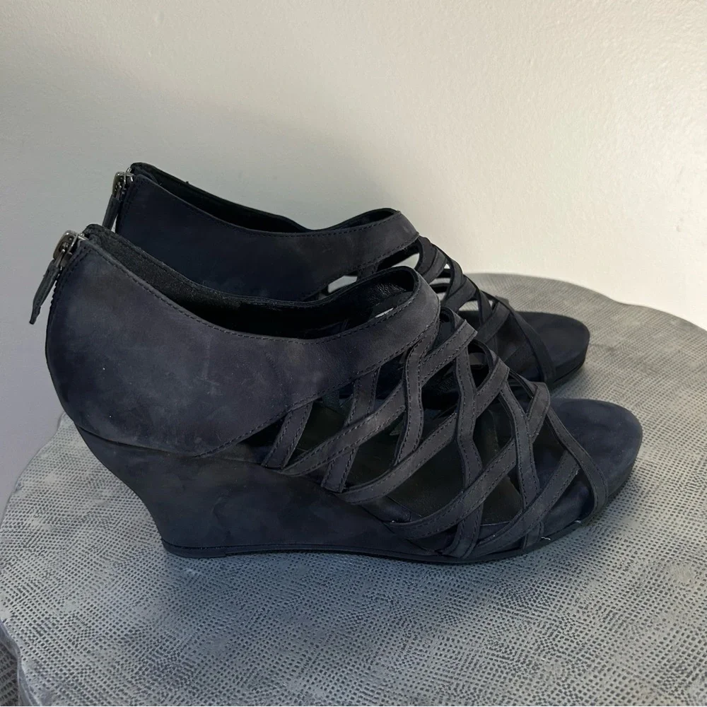 Eileen Fisher ~Black Cage Open Toe Italian Leather Nubuck Wedges Shoes size 9.5